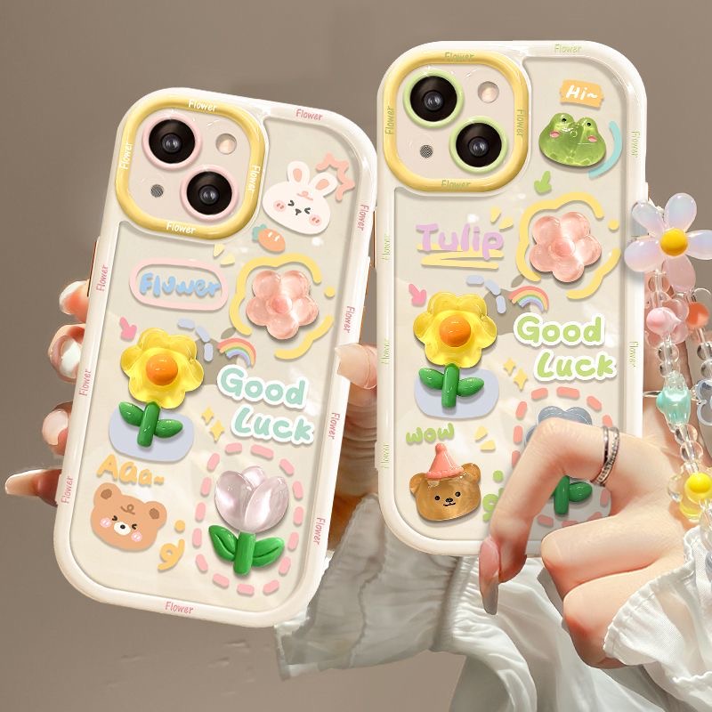 Stereoscopic Doll Puff Crystal Flower Frog Silicone SoftCase IPhone XR XS Max 11 12 13 14 Pro Max 14 Plus Girl Woman's Fashion Pretty Cute Phone Case