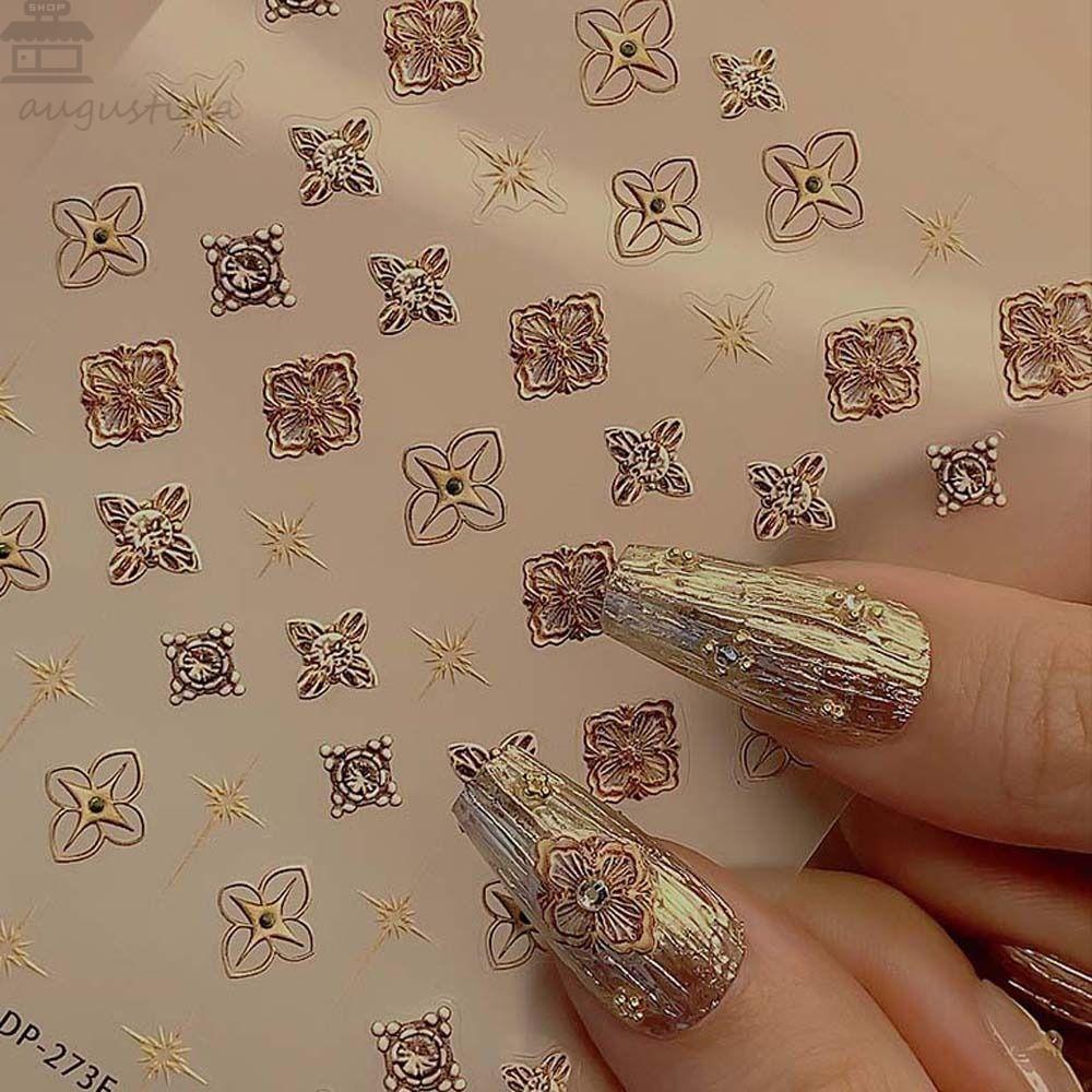 AUGUSTINA Agustina Bronzing Stiker Kuku Perak Perekat Diri Cinta Hati Manikur Aksesoris Bintang Emas Dekorasi Kuku