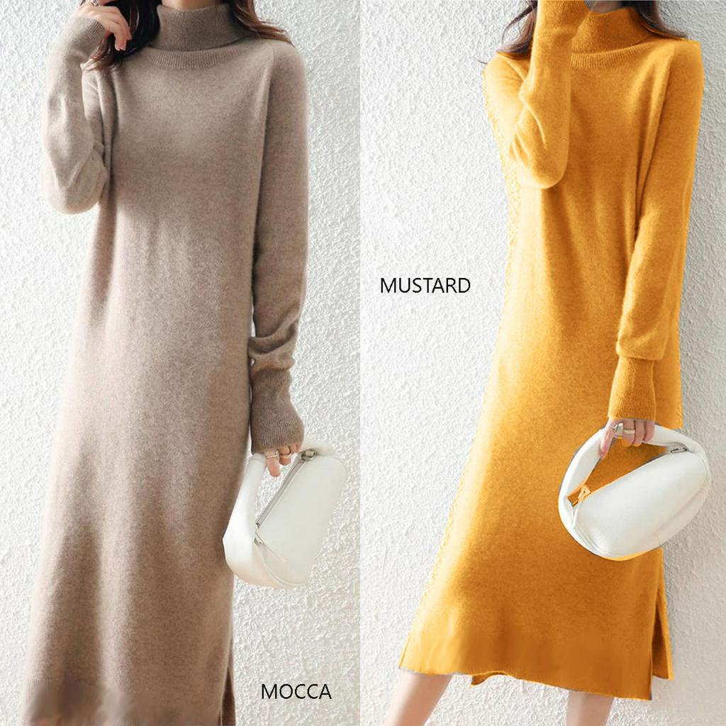 (D108) Dress leher tinggi midi sweater knit dress