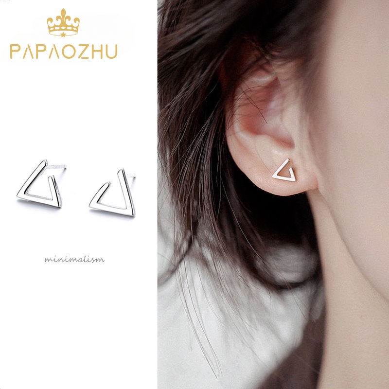 Papaozhu Minimalis S925 Perak Berongga Segitiga Stud Anting Untuk Wanita Gadis Fashion Geometris Telinga Perhiasan