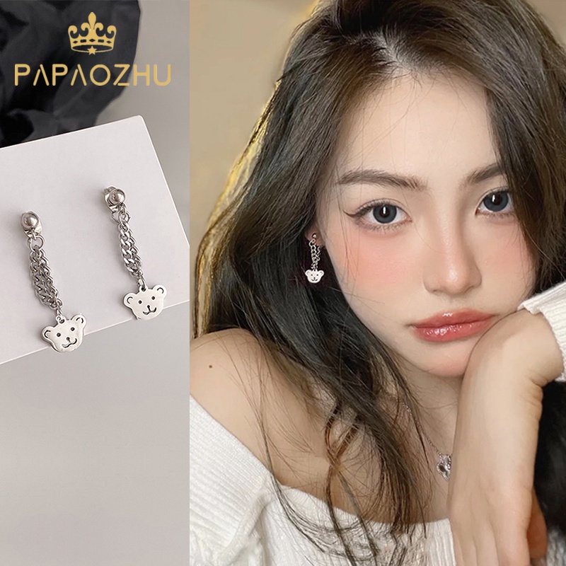 Papaozhu Trendi Rantai Kaitan Perak Beruang Lucu Menjuntai Anting Untuk Wanita Perempuan Temperamen Drop Earrings Engagement Daily Ear Accessories