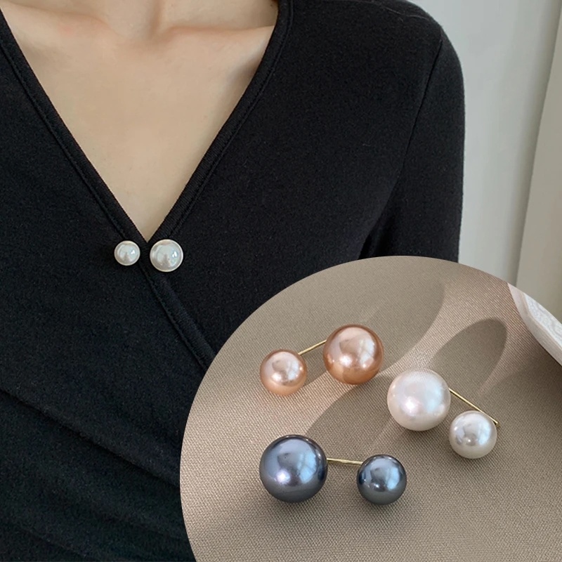 Bros Mutiara Imitasi Ganda Sederhana Wanita Gadis Indah Elegan Mantel Cardigan Tetap Pengaman Pin Gesper Fashion Perhiasan Dekorasi