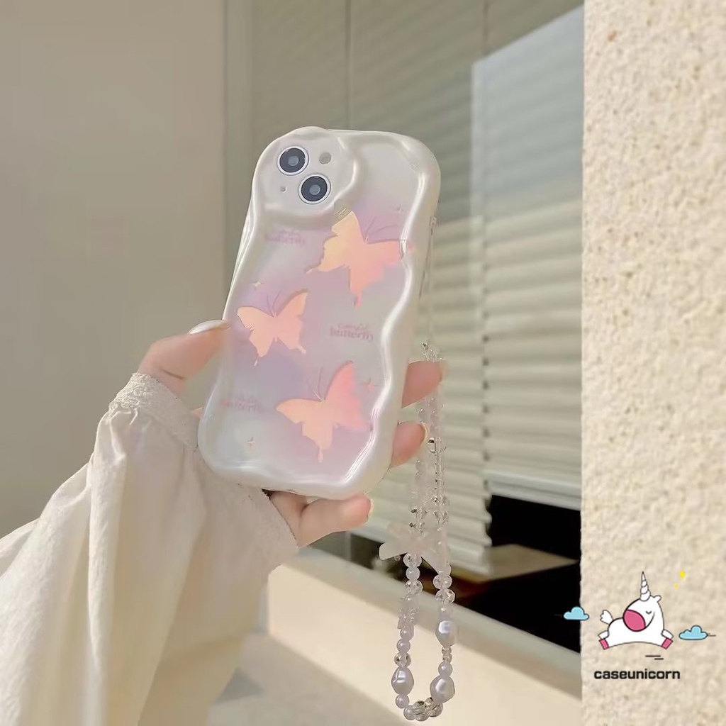Untuk Realme C53 C35 C55 C11 C25Y C33 C30 C25 9i 5s 5i 7i 6i C21Y C20 C25s C12 C17 C31 C20A C15 C3 C21 C1 Dreamy Laser Butterfly 3D Wavy Curved Edge Soft Case Dengan Gelang Lanyard