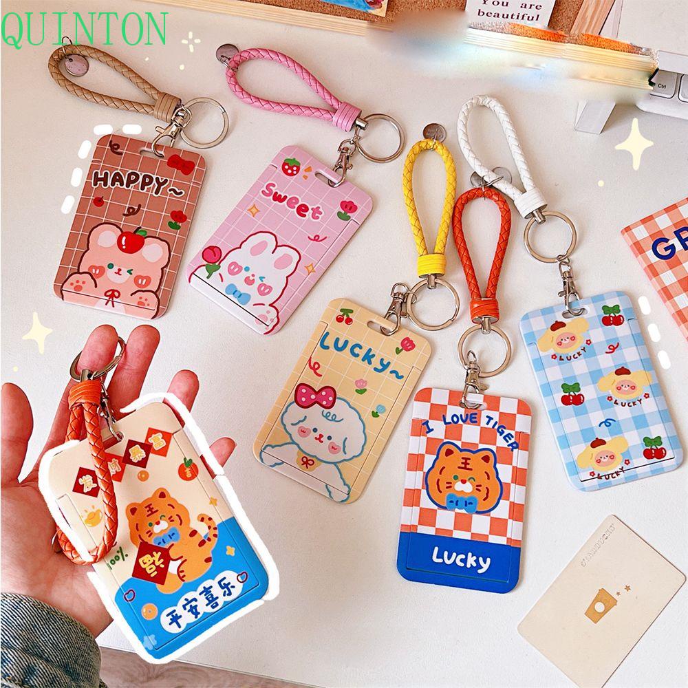 QUINTON Wanita Gantungan Kunci Kreatif Alloy Dekorasi Slide Cover Bus Card Cover Kartu Akses Case Pelindung Beruang Bunny Key Ring Ornaments