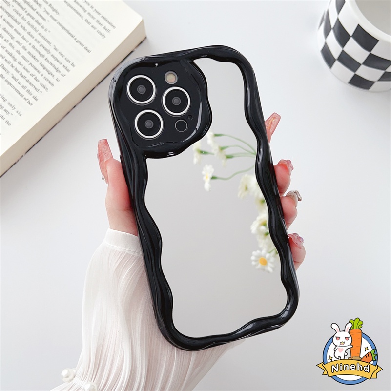 IPHONE 3d Cream Wavy Edge Makeup Mirror Phone Case Kompatibel Untuk Iphone14 13 12 11 Pro Max X Xr Xs Max8 7 6 6s Plus SE 2020 Perlindungan Kamera Anti Gores Silikon Lembut TPU Penutup Belakang