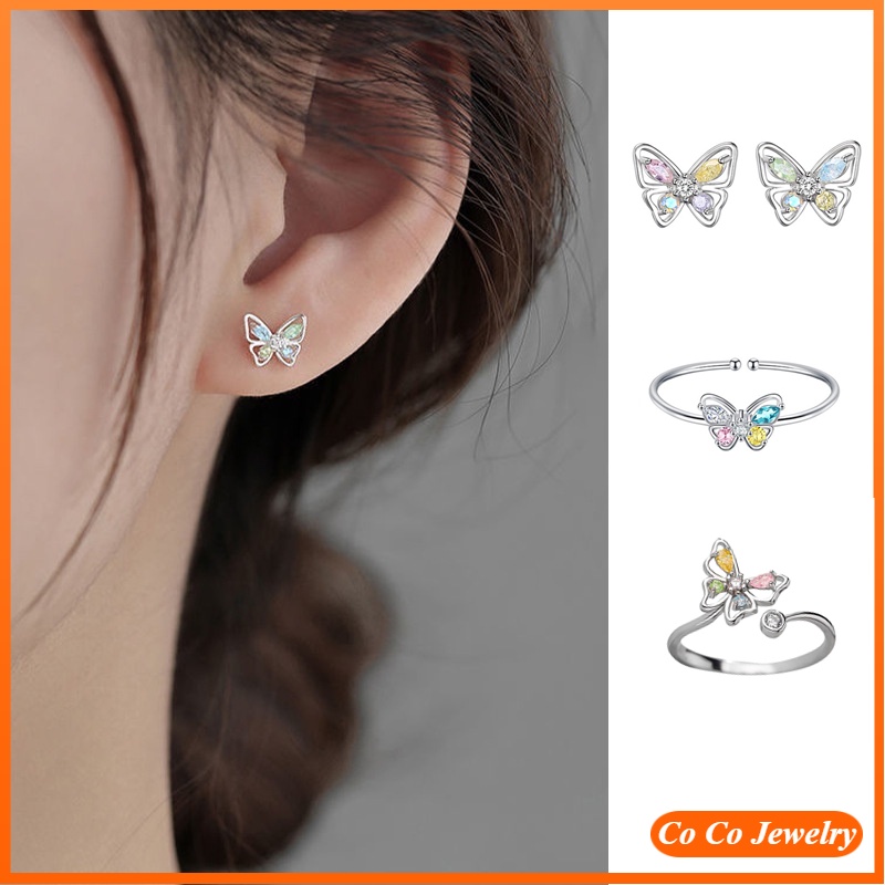 Anting Stud Desain Kupu-Kupu Aksen Zirkon Bahan S925 Silver Needle Gaya Korea Untuk Wanita