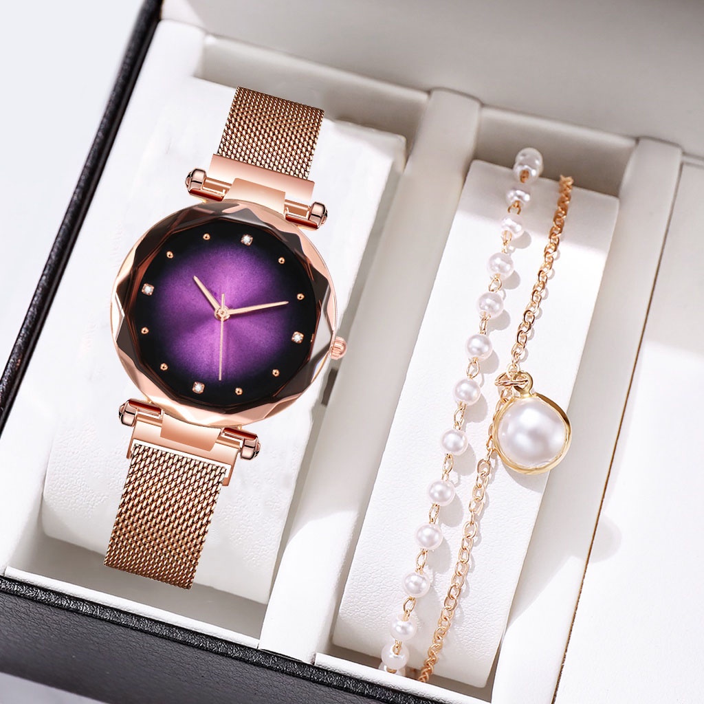 Ready Stock Starry Quartz Perhiasan Wanita Mewah Rose Gold Jam Tangan Wanita Jam Magnet(NO BOX)