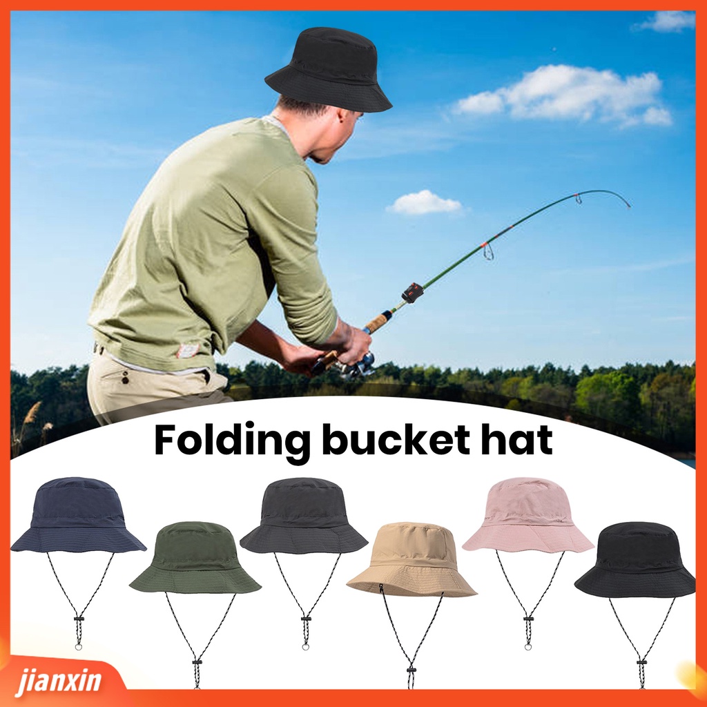 (In Stock) Topi Bucket Lipat Dengan Tali Dagu Yang Dapat Disesuaikan Tahan Air Cepat Kering Topi Matahari Wanita Pria Hiking Topi Perjalanan Aksesoris Luar Ruangan