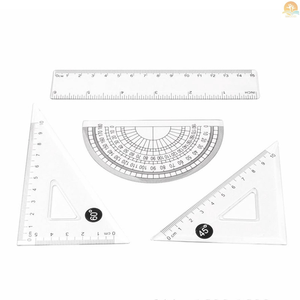 In Stock 4buah Set Penggaris Alat Geometri Matematika Bahan Plastik Bening Termasuk Penggaris Lurus 6-inci &amp; 2pcs Penggaris Segitiga &amp; Busur Derajat Untuk Perlengkapan Siswa Sekolah Kantor