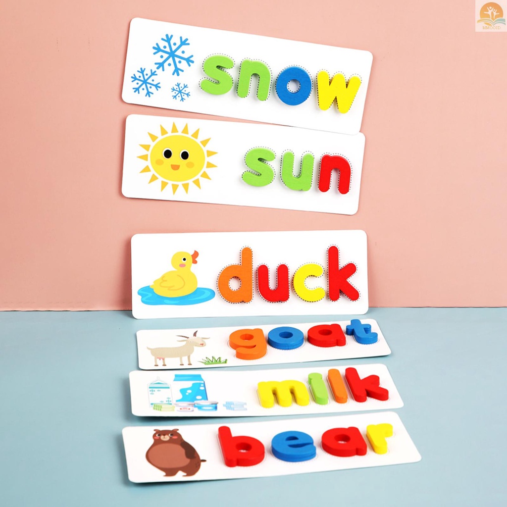 In Stock Ejaan Kayu Kata Permainan Kartu Pengenalan Huruf Montessori Puzzle STEM Mainan Edukasi Dini Untuk Usia 4-6th Anak Laki-Laki &amp; Perempuan
