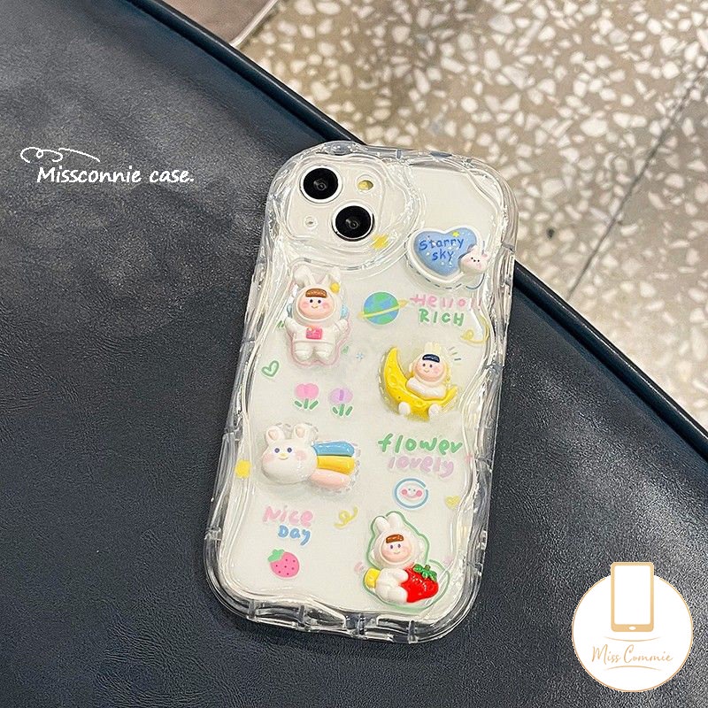 Case Boneka Beruang Kelinci Kartun 3D Lucu Kompatibel Untuk IPhone XR 7Plus 14 11 12 13 Pro Max 6 7 6s 8 Plus X XS Max Se2020 8Plus DIY Love Heart 3D Bergelombang Melengkung Penutup Tepi