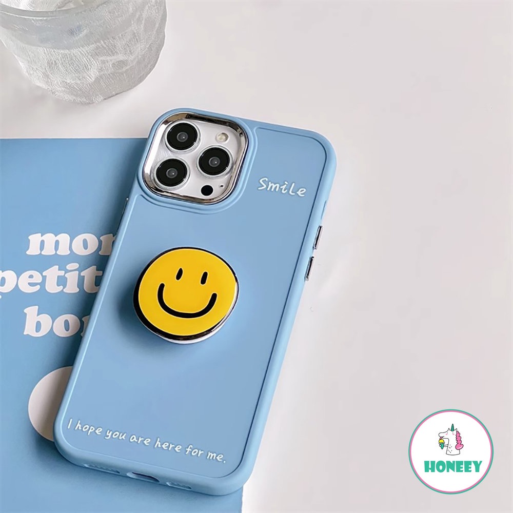 IPHONE Casing Ponsel Stand Smiley Kuning Sederhana Kompatibel Untuk Iphone14 Pro Max13 12 11Pro Max7 8Plus Xr Xs Lembut TPU Shockproof Handphone Cover