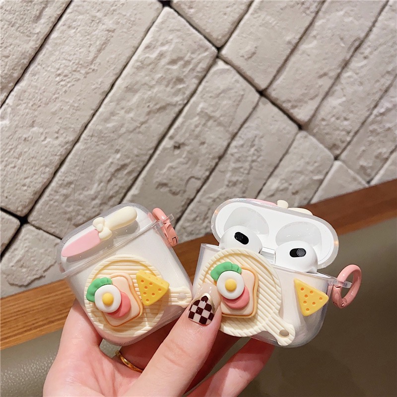 Lucu 3D Goreng Telur Sarapan Dengan Keju Transparan Lembut TPU Nirkabel Bluetooth Earphone Pelindung Case Cover Untuk Airpods1 2 3 PRO PRO2 Dengan Cincin Jari