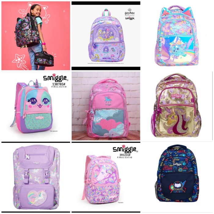 Ready Stok Tas Smiggle Ori Backpack kitty, unicorn, cat black, galaxy
