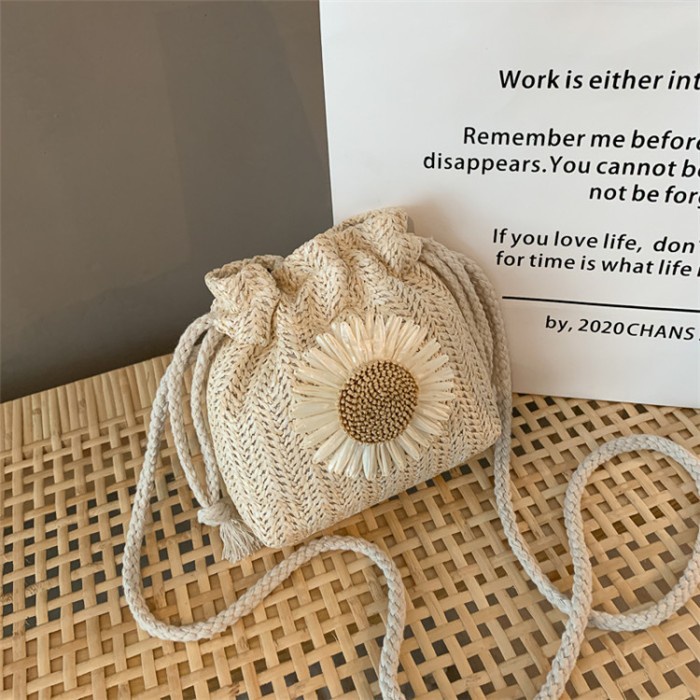 Promo - Tas Selempang Bucket Serut Bahan Anyaman Bunga Matahari - Putih - Sedia tas wanita kekinian 
