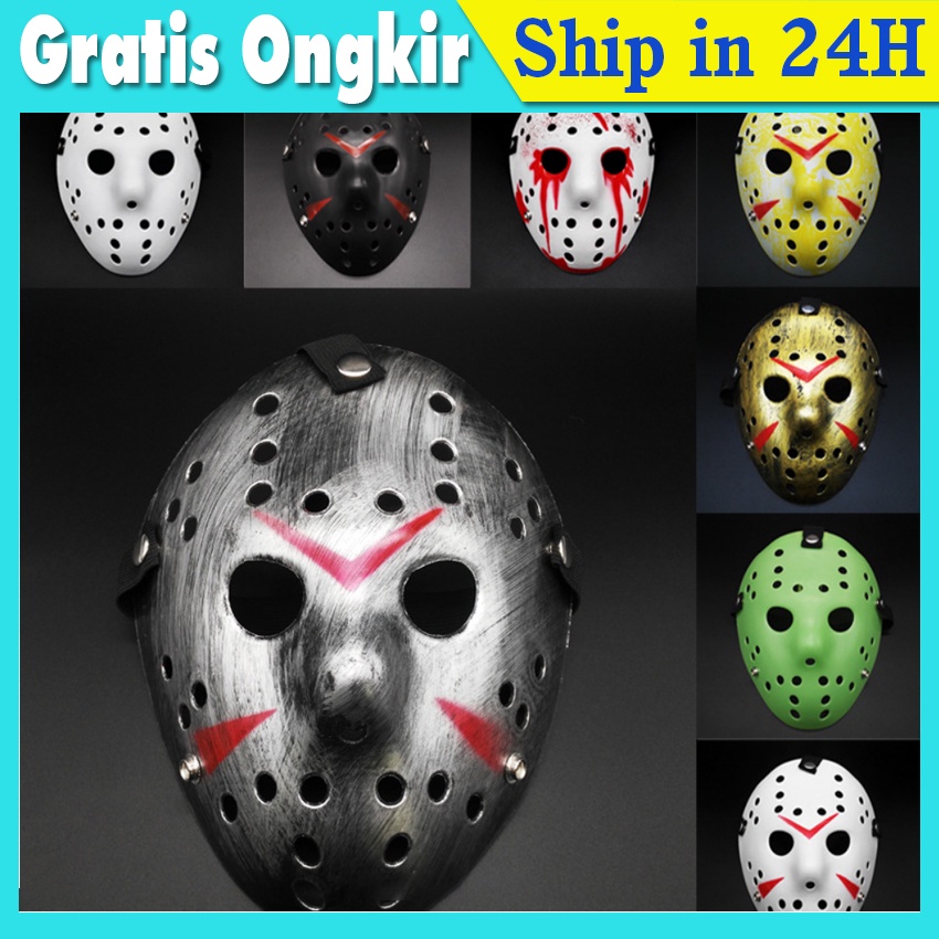 Topeng Jason Voorhees Hockey Mask Halloween Cosplay Gold - Kostum Karnaval Horor Pesta Dewasa Seram 