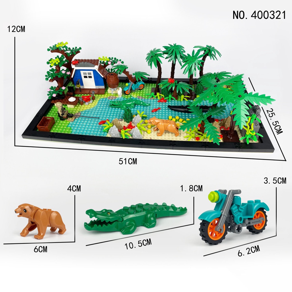 Kreatif Blok Bangunan Seri Belantara Survival Scene Hewan Tas Aksesoris Buaya Beruang DIY Scene Building Block Mainan