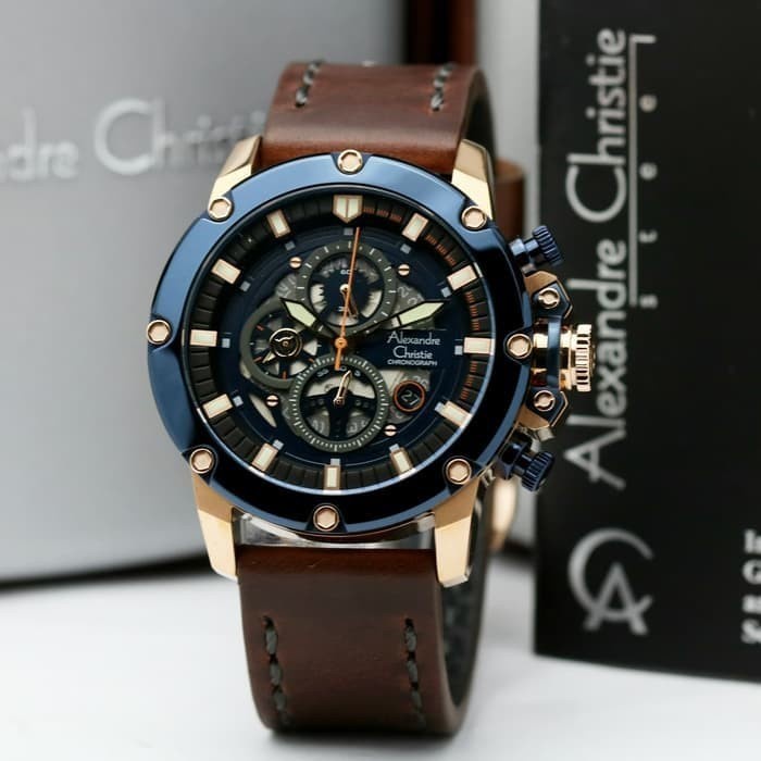 Jam Tangan Pria Alexandre Christie AC 6416 Original - Rosegold Blue - Brown Rose Blue