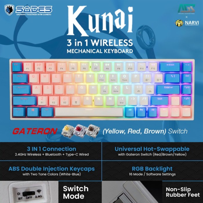 Sades KUNAI Gateron Hotswap 3in1 Wireless Mechanical - Gaming Keyboard - GRAY WHITE, YELLOW SWITCH