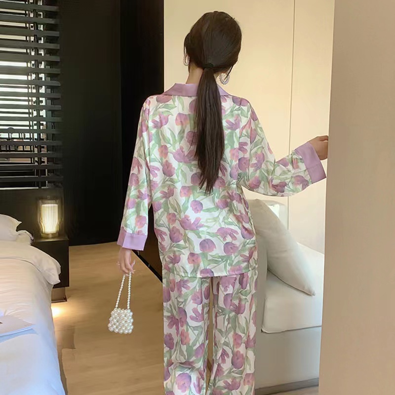 2023 piyama baru wanita/wanita kurus longgar panjang -lengan panjang -lipleved long shirt home service dua set