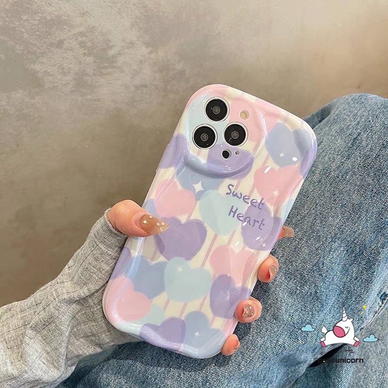 Casing Kompatibel Untuk iPhone 7plus 6s 6 7 8 Plus 11 13 12 14 Pro Max XR X XS Max SE 2020 Ins Lukisan Minyak Cinta Hati Tpu Lembut Shockproof Airbag Glossy 3D Bergelombang Tepi Melengkung Case