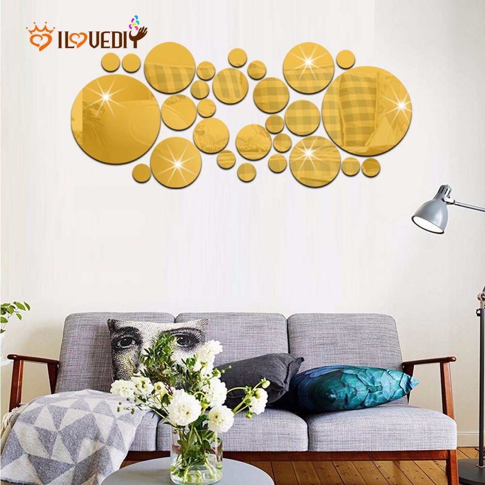 Stiker Dinding Polkadot Emas Akrilik Dekorasi/Kepribadian Kreatif Stiker Dinding Dekorasi Untuk Rumah Ruang Tamu Kamar Tidur Kamar Anak/3D DIY Cermin Wallpaper Stiker Dinding Ornamen