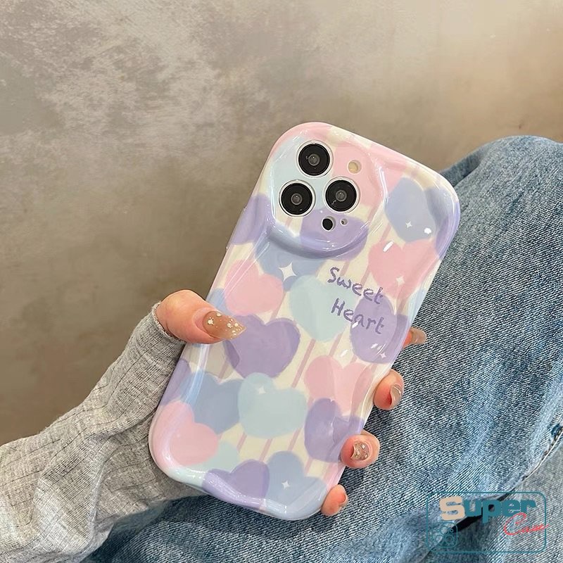 Ins Lukisan Cat Minyak Cinta Hati Casing Kompatibel Untuk iPhone 7plus XR 11 13 12 14 Pro Max 6s 6 7 8 Plus X XS Max SE 2020 3D Wavy Curved Edge Soft Tpu Shockproof Airbag Glossy Case