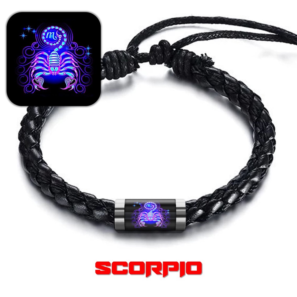 Gelang Zodiak Rasi Bintang Neon Zodiac Horoscope Tali Kulit Tabung Stainless Steel Aquarius Capricorn Cancer Leo Sagittarius Gemini Virgo Pisces Libra Taurus Aries Scorpio