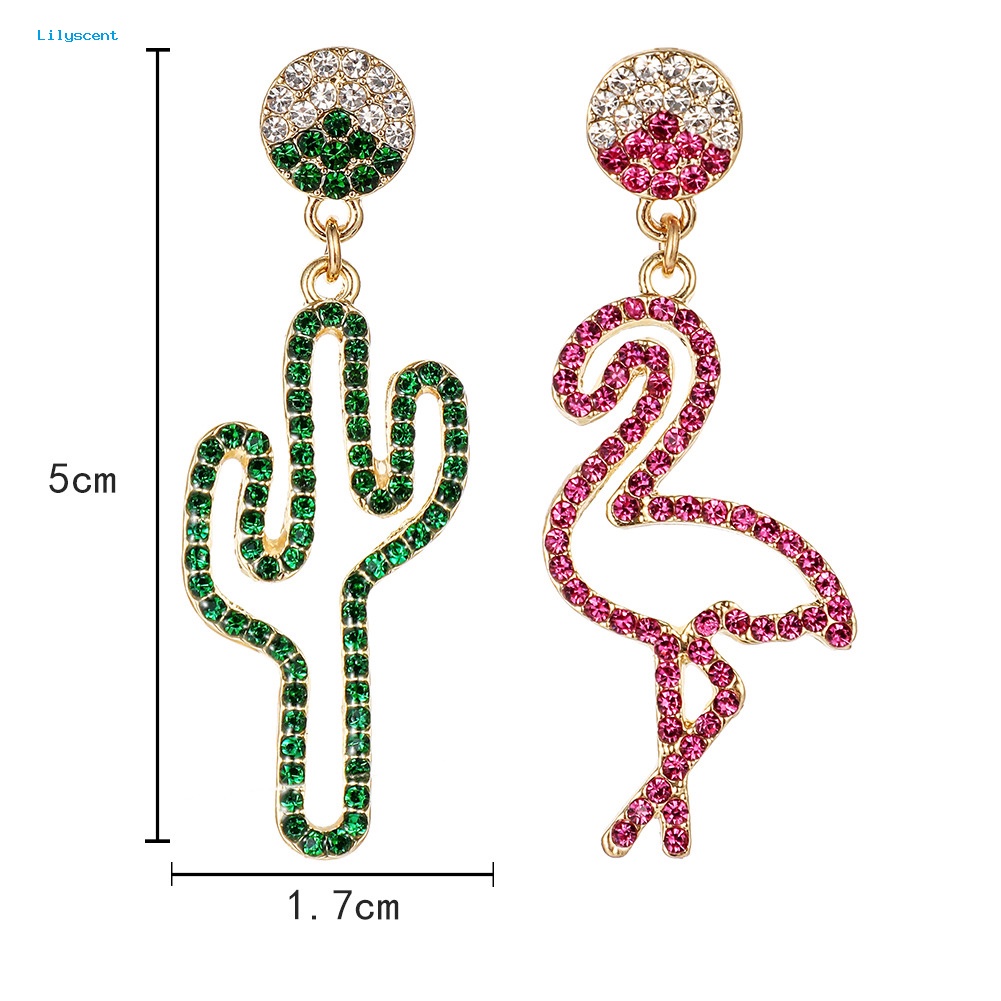 Lilyscent Wanita Berongga Berlian Imitasi Kaktus Flamingo Menjuntai Asimetris Stud Earrings Perhiasan