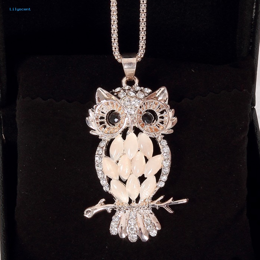 Lilyscent Elegan Wanita Berlian Imitasi Imitasi Opal Inlay Owl Pendant Kalung Pesta Perhiasan