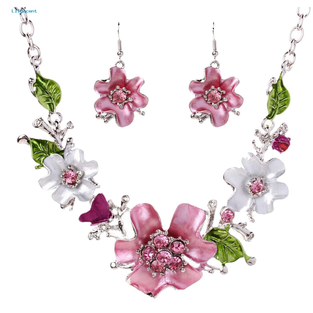 Lilyscent Multicolor Wanita Bunga Berlian Imitasi Hias Liontin Kalung Anting Set Perhiasan