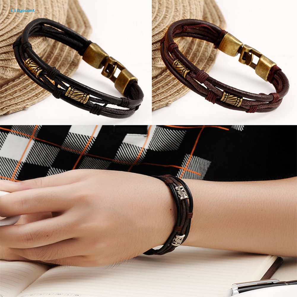 Lilyscent Vintage Pria Wanita Kulit Imitasi Multilayer Gelang Bangle Gelang Perhiasan