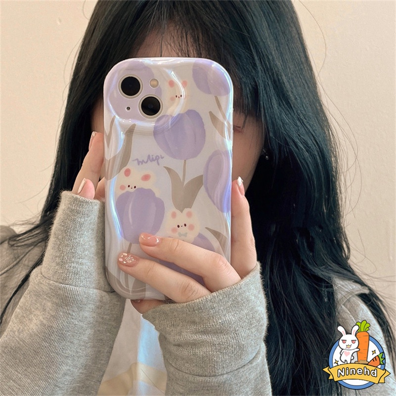 IPHONE Casing Kompatibel Untuk Iphone14 13 12 11 Pro Max X Xr Xs Max8 7 6 6s Plus SE 2020 Baru Ungu Tulip Kelinci Gentle Style Phone Case Casing Anti Jatuh Airbag Soft Case Cover Pelindung