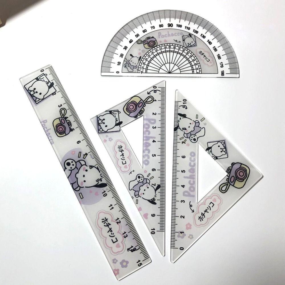 [Elegan] Penggaris Segitiga Lurus Busur Derajat Set Kawaii 4pcs/Set Kantor Lucu Pochacco Math Divideding Ruler