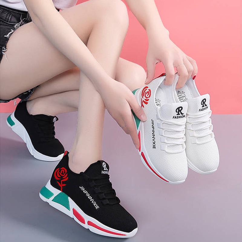 𝐄𝐁𝐒 ✅ SEP025 (Tanpa Kotak) Sepatu Sneakers Wanita Putih Hitam Hijau Bunga Sporty Model Korea Olahraga Fashion Casual Sport Olahraga Import COD SEP025