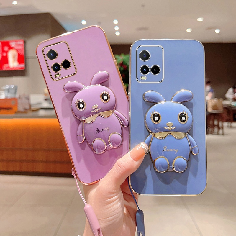 Andyh Case Handphone Untuk Vivo Y21A Y21E Y21T Y21S Y21 2021 Y33S Y33T Y21G Kartun Lucu Kelinci Kecil Tepi Lurus Soft Shell Kirim lanyard Silikon