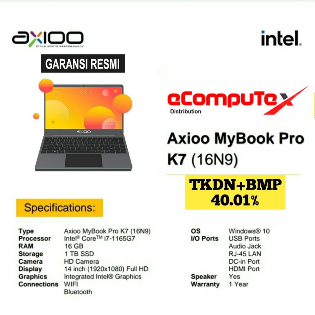 LAPTOP AXIOO MYBOOK PRO K7 OHB (16N9) i7-1165G7 16GB 1TB 14&quot; WIN10 PRO TKDN RESMI