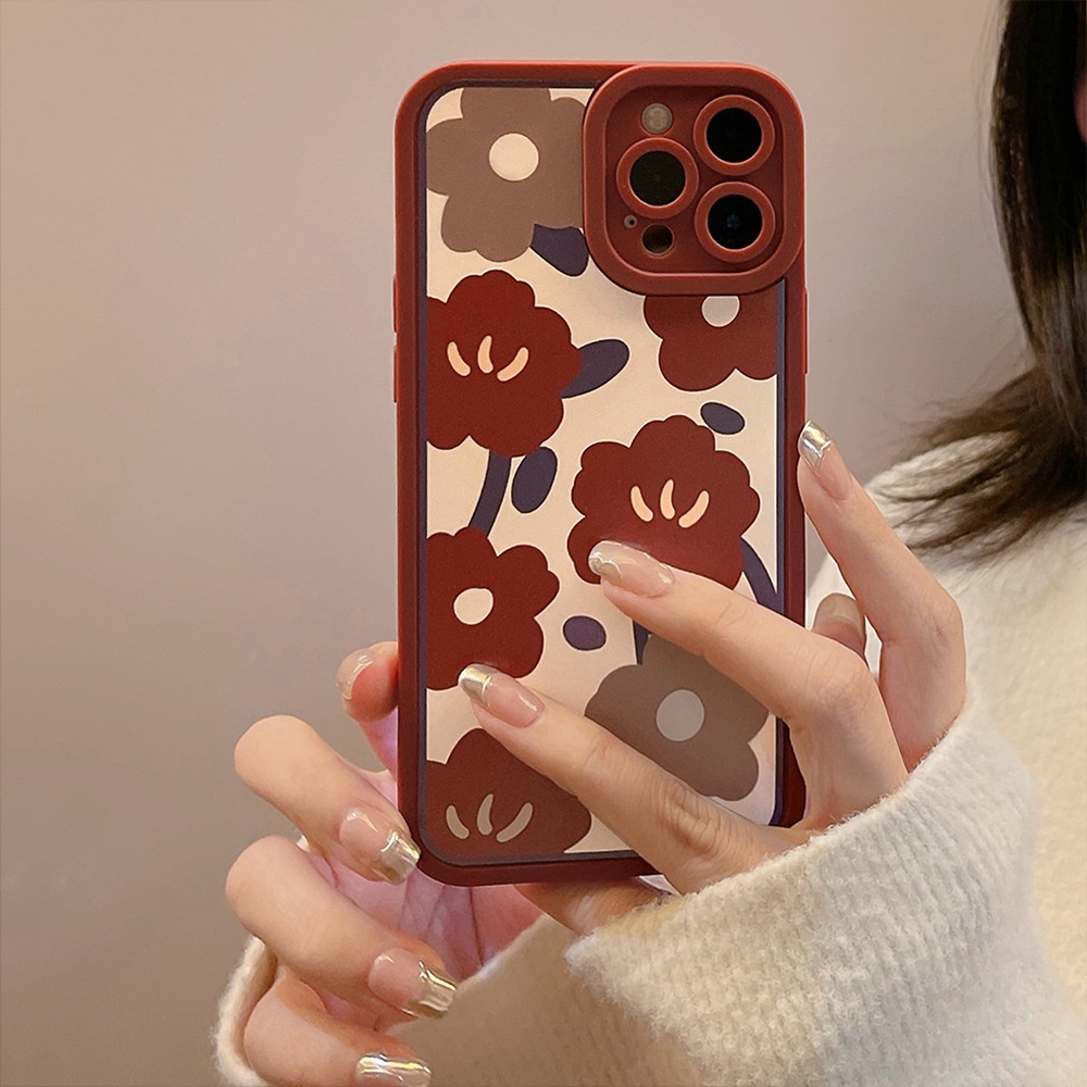 IPHONE [Mata Kucing] Soft Case TPU Anti Slip Untuk Iphone7Plus8 Plus X XS XR XS Max11 13 12 14 PRO Max 14 Plus Ins Fashion Wanita Anggur Bunga Merah