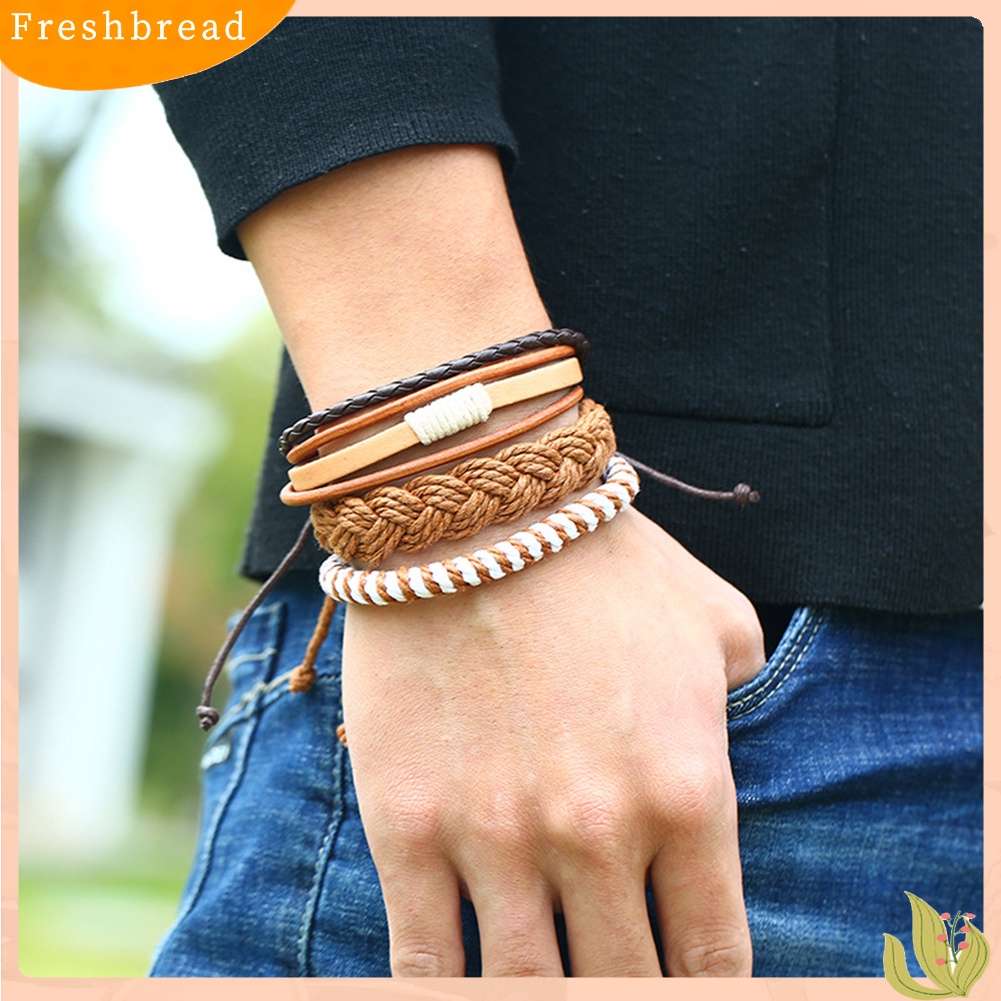 < Freshbread > 6Pcs Vintage Pria Dikepang Tali Kulit Imitasi Gelang Tangan Set Perhiasan Hadiah