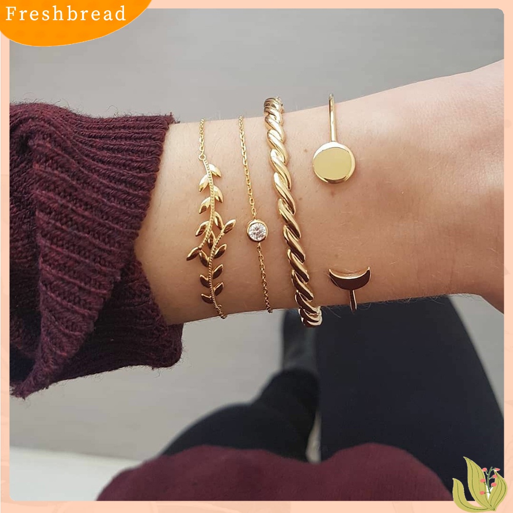 &lt; Freshbread &gt; 4Pcs/Set Wanita Fashion Bulan Memutar Terbuka Bangle Daun Berlian Imitasi Bertatahkan Gelang