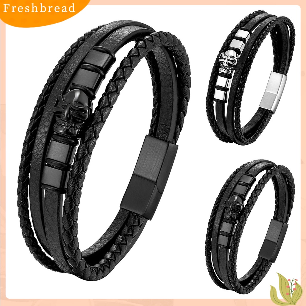 &lt; Freshbread &gt; Pria Gelang Handmade Anyaman Desain Tengkorak ic Gesper Geometris Dekoratif Hadiah Multilayer Bungkus Laki-Laki Kulit Imitasi Bangle Fashion Perhiasan Untuk Pakaian Sehari-Hari