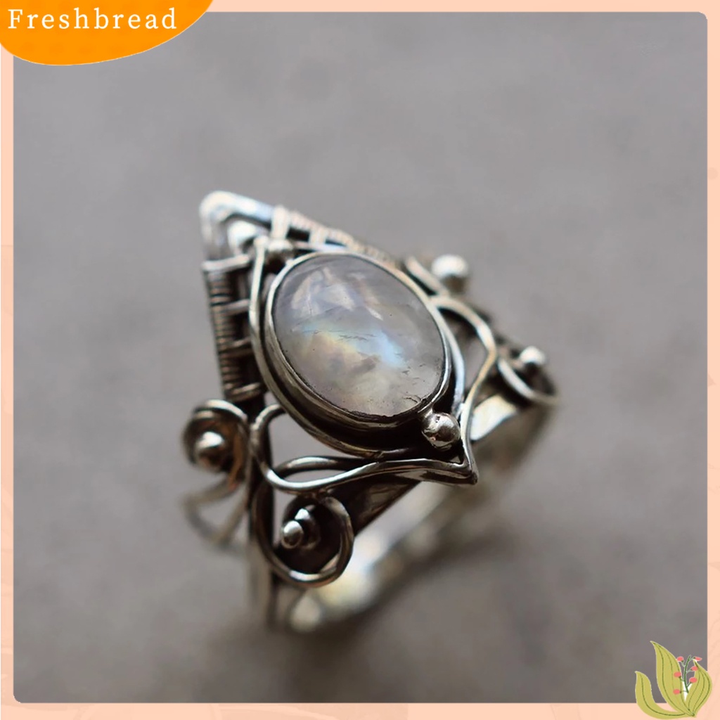 &lt; Freshbread &gt; Punk Berongga Warna Perak Wanita Cincin Bertatahkan Moonstone Fashion Cincin Perhiasan Aksesori