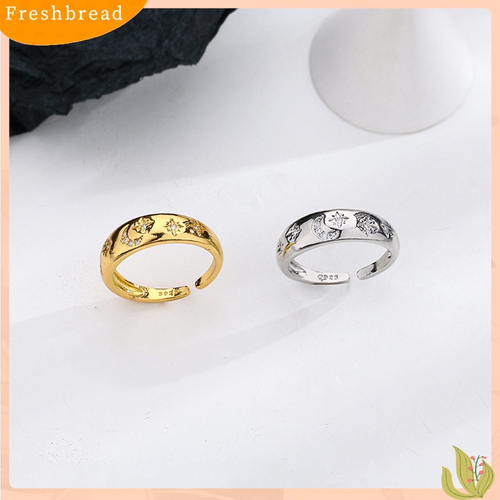 &lt; Freshbread &gt; Cincin Janji Ukiran Halus Zirkon Imitasi Bertatahkan Desain Pembukaan Kilau Terang Electroplating Dekorasi Pengerjaan Halus Fashion Cincin Bulan Bintang Sederhana Untuk Anniversary