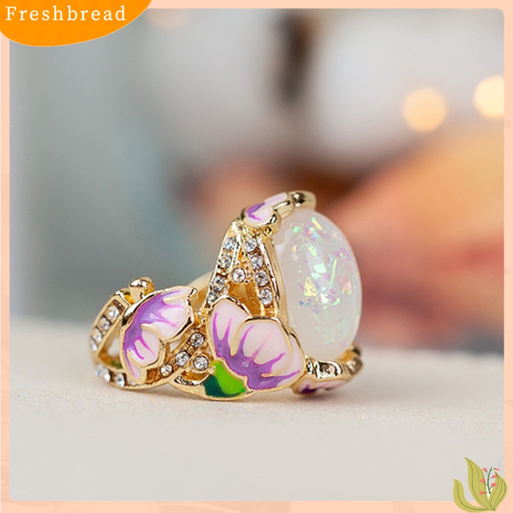 &lt; Freshbread &gt; Wanita Cincin Gaya Retro Imitasi Opal Berlian Imitasi Bertatahkan Elegan Berwarna Enamel Bunga Jari Cincin Aksesoris Perhiasan