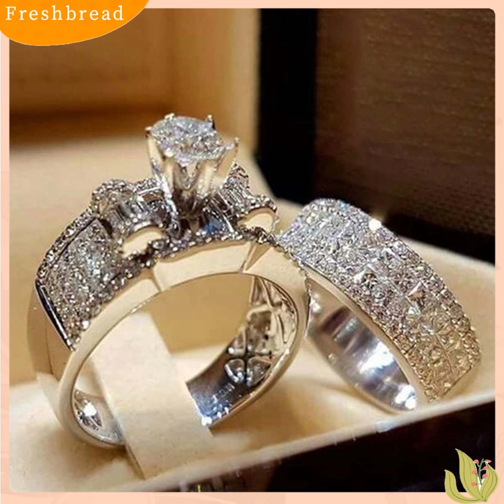&lt; Freshbread &gt; 2Pcs/Set Lebar Sederhana Cincin Pasangan Paduan Bertatahkan Berlian Imitasi Bersinar Pernikahan Band Perhiasan Fashion