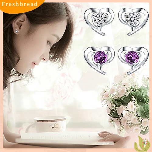 &lt; Freshbread &gt; Fashion Wanita Cinta Hati Cubic Zirconia925 Sterling Silver Ear Studs Earrings