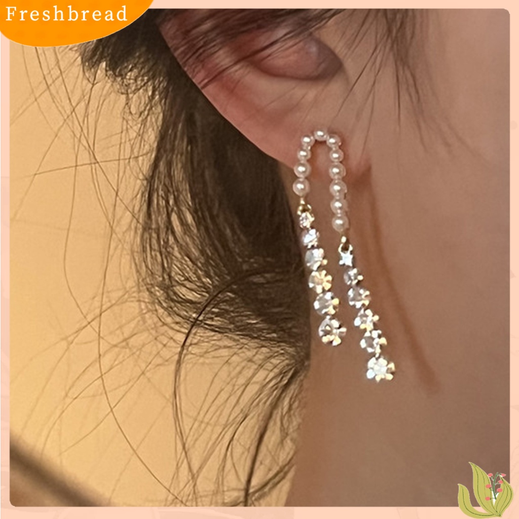 &lt; Freshbread &gt; 1pasang Anting Wanita Rumbai Panjang Mutiara Imitasi Perempuan Gaya Perancis Cubic Zirconia Anting Menjuntai Untuk Pernikahan