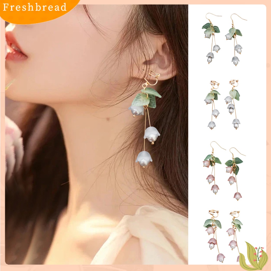 &lt; Freshbread &gt; 1pasang Menjuntai Anting Mori Desain Eye-catching Hias Aestheticisme All-match Perhiasan Hadiah Mutiara Imitasi Dekorasi Lili Valley Bunga Drop Earrings Ear Clip