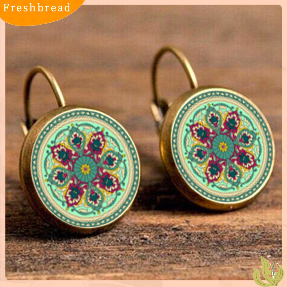 &lt; Freshbread &gt; Multicolor Mandala Bunga Lingkaran Faux Permata Ear Studs Wanita Leaverback Earrings