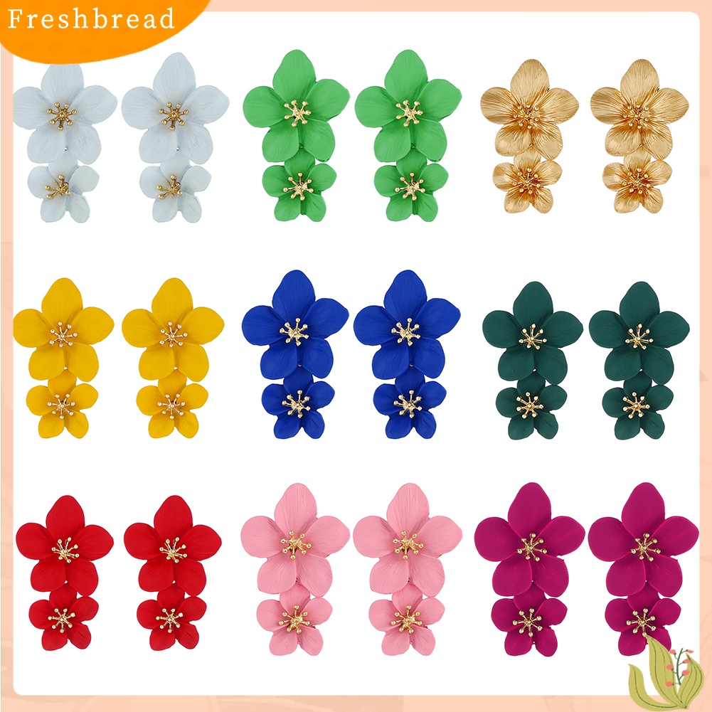 &lt; Freshbread &gt; Wanita Manis Warna Solid Dual Bunga Panjang Menjuntai Stud Earrings Perhiasan Pesta